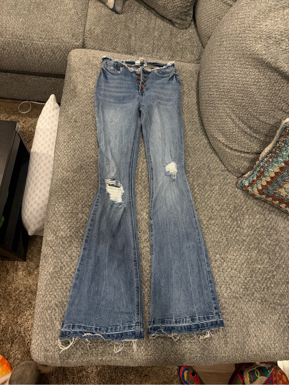 High-Rise Distressed Flared Jeans - Blue